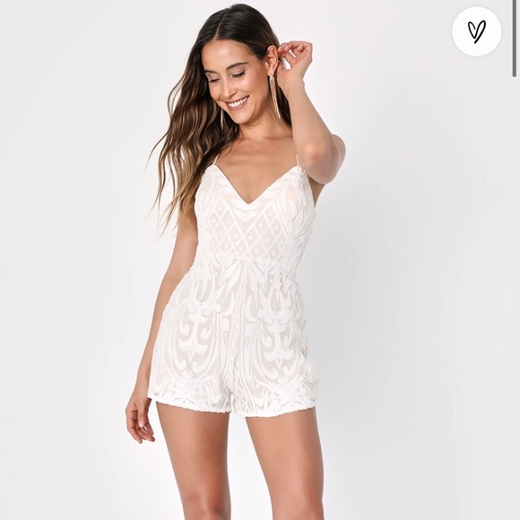 Catch a Spark White and Beige Sequin Romper - Picture 1 of 6